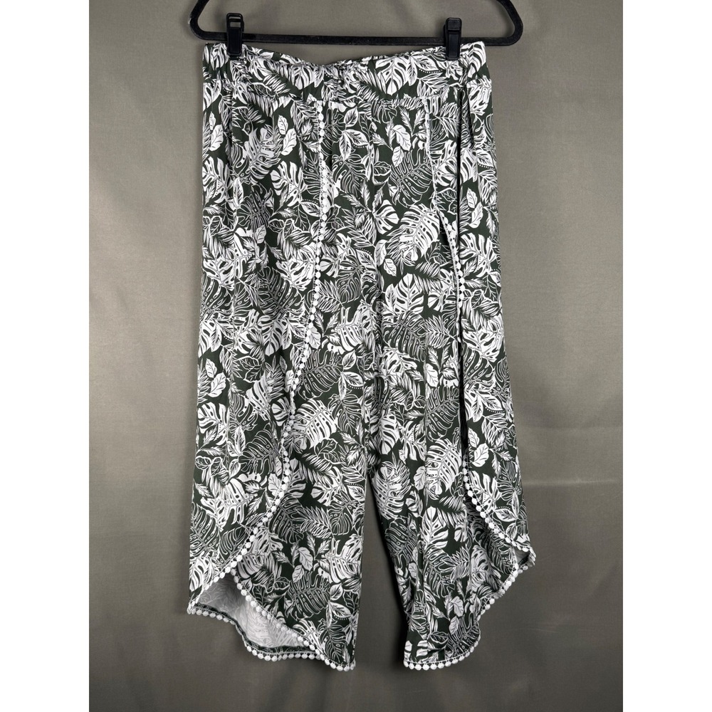 Robert Louis Wide Leg Pants Womens Large Green Tropical Leaf Pom Pom Trim Split